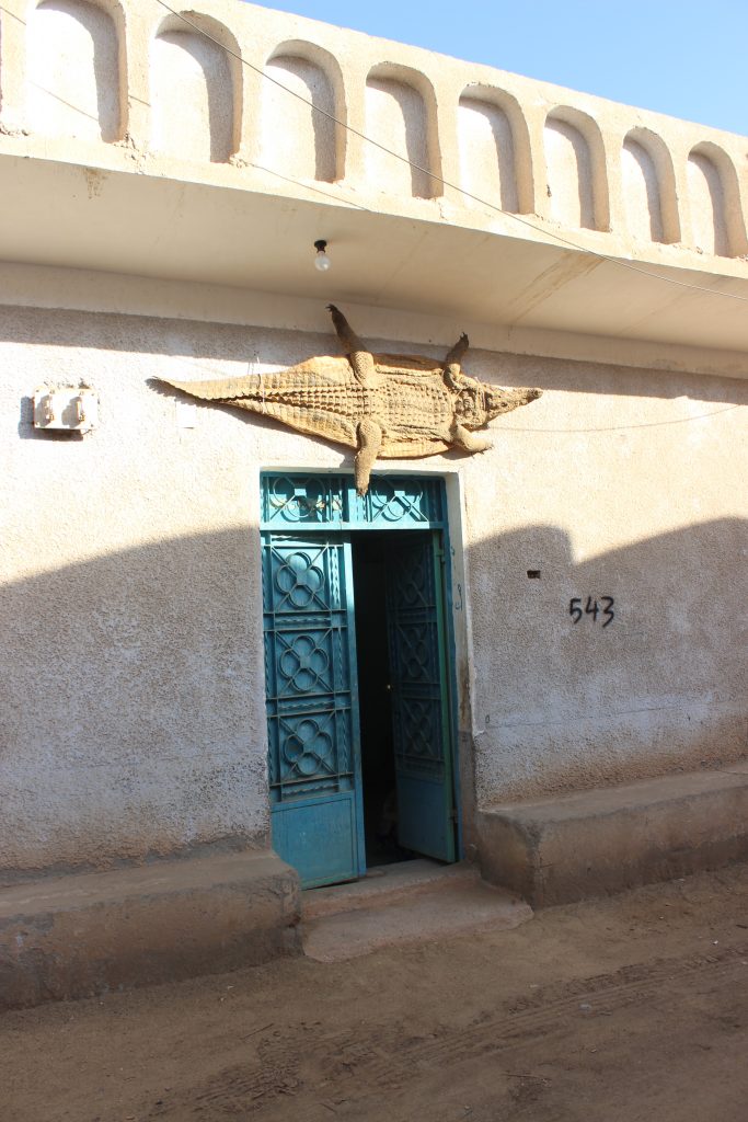 un crocodile séché se trouve au dessus de la porte d'une maison du village Nubien - Assouan